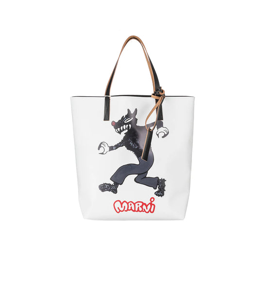 Tribeca Tote Bag with Wolf Print in White/Black