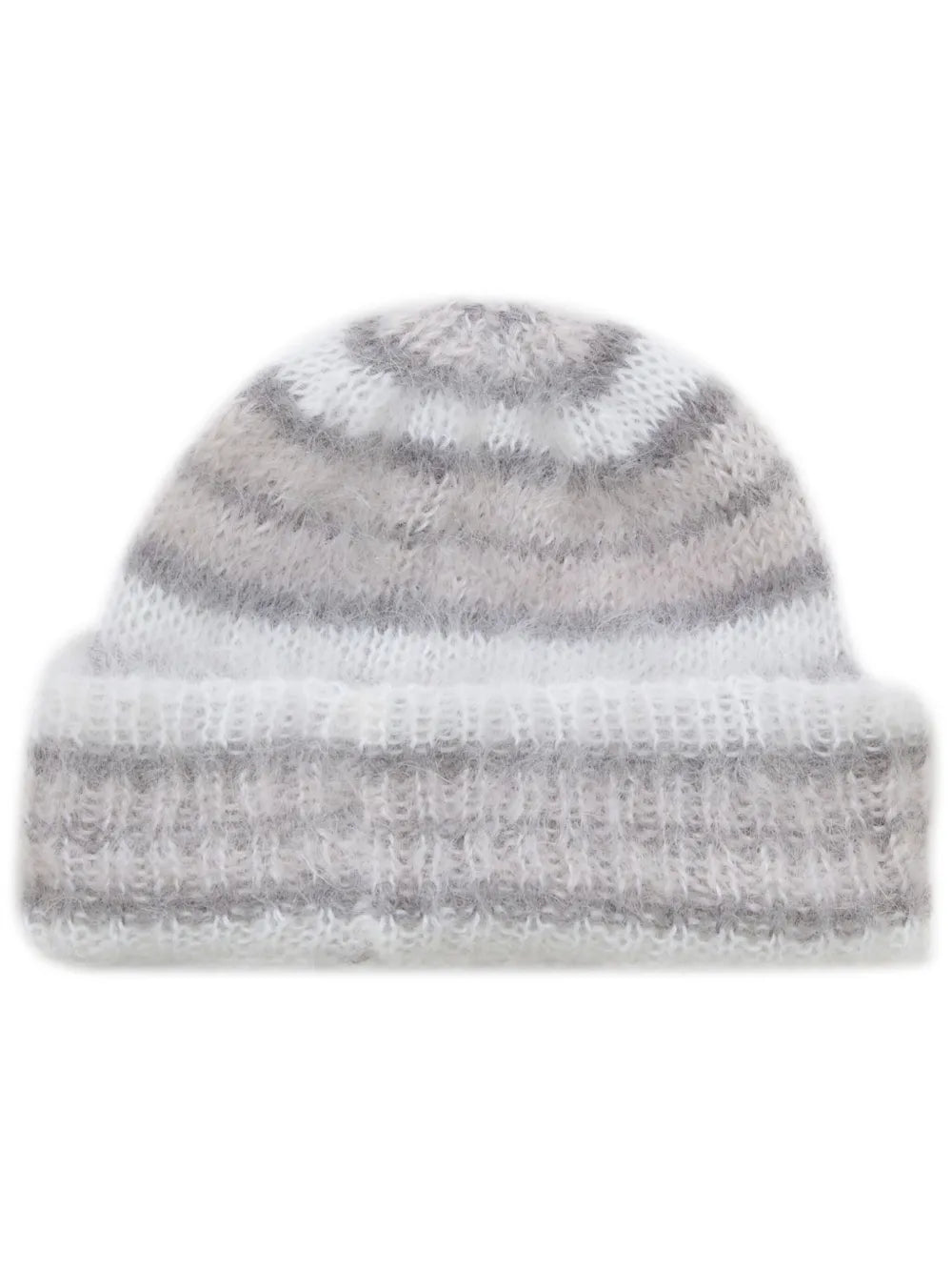 Brushed Mohair Beanie with Stripes in Lily White