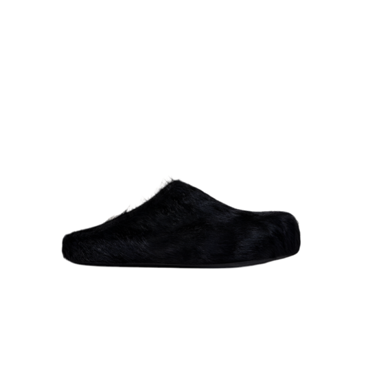 Fussbett Sabot Clog in Black Long Haircalfskin