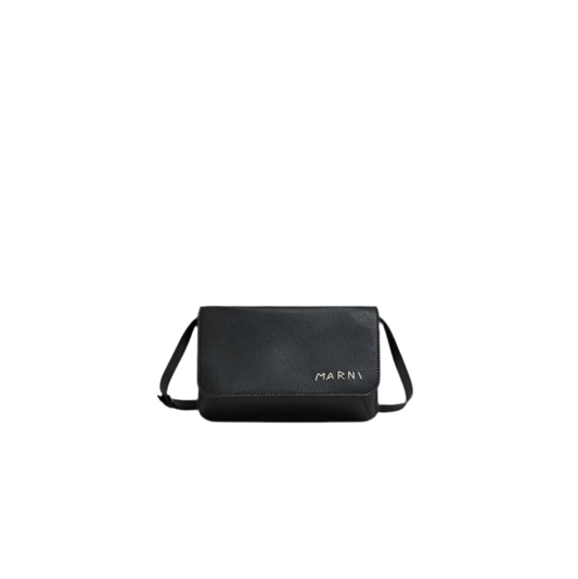 Leather Shoulder Bag with Marni Mending Embroidery in Black