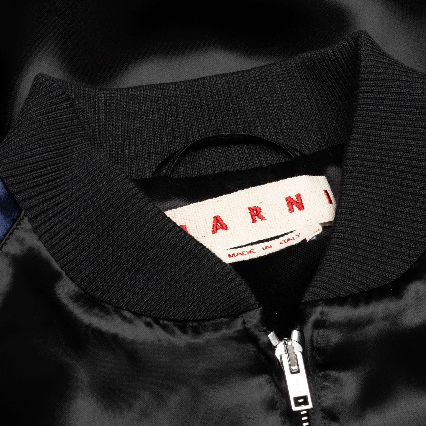 Logo-Embroidered Satin Bomber Jacket in Black