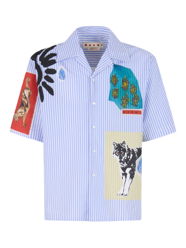 Striped Poplin Bowling Shirt in Light Blue