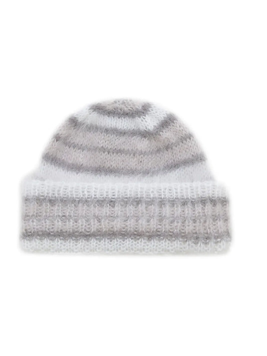 Brushed Mohair Beanie with Stripes in Lily White