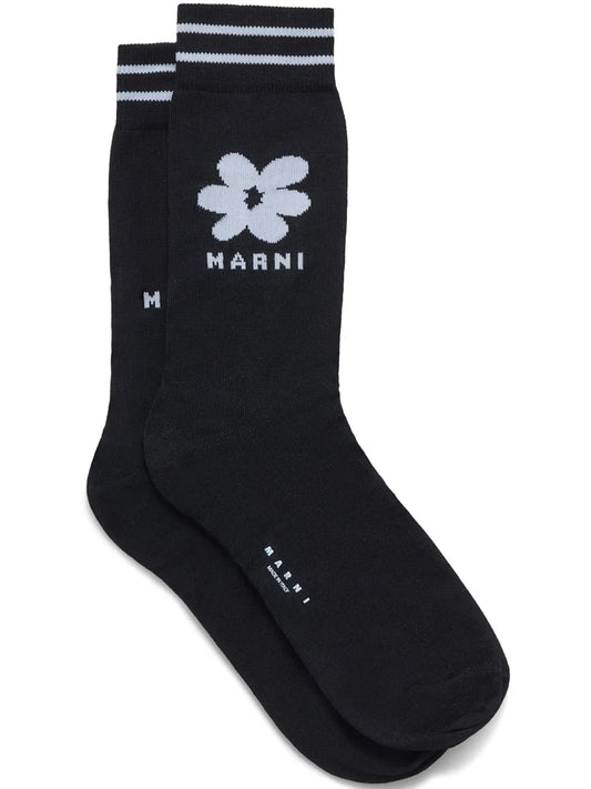 Cotton Socks with Jacquard Flower Detail in Black/Light Blue