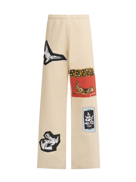 Denim Patch Graphic Pants in Cream