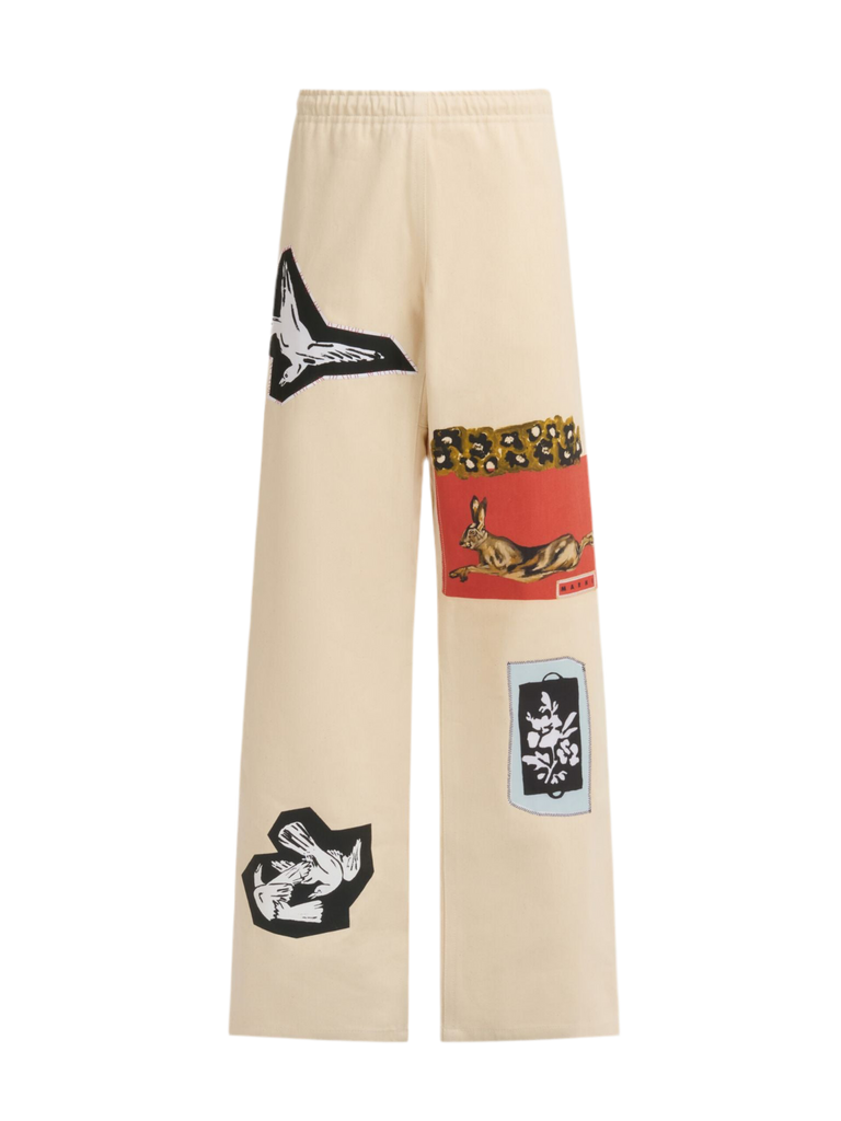 Denim Patch Graphic Pants in Cream