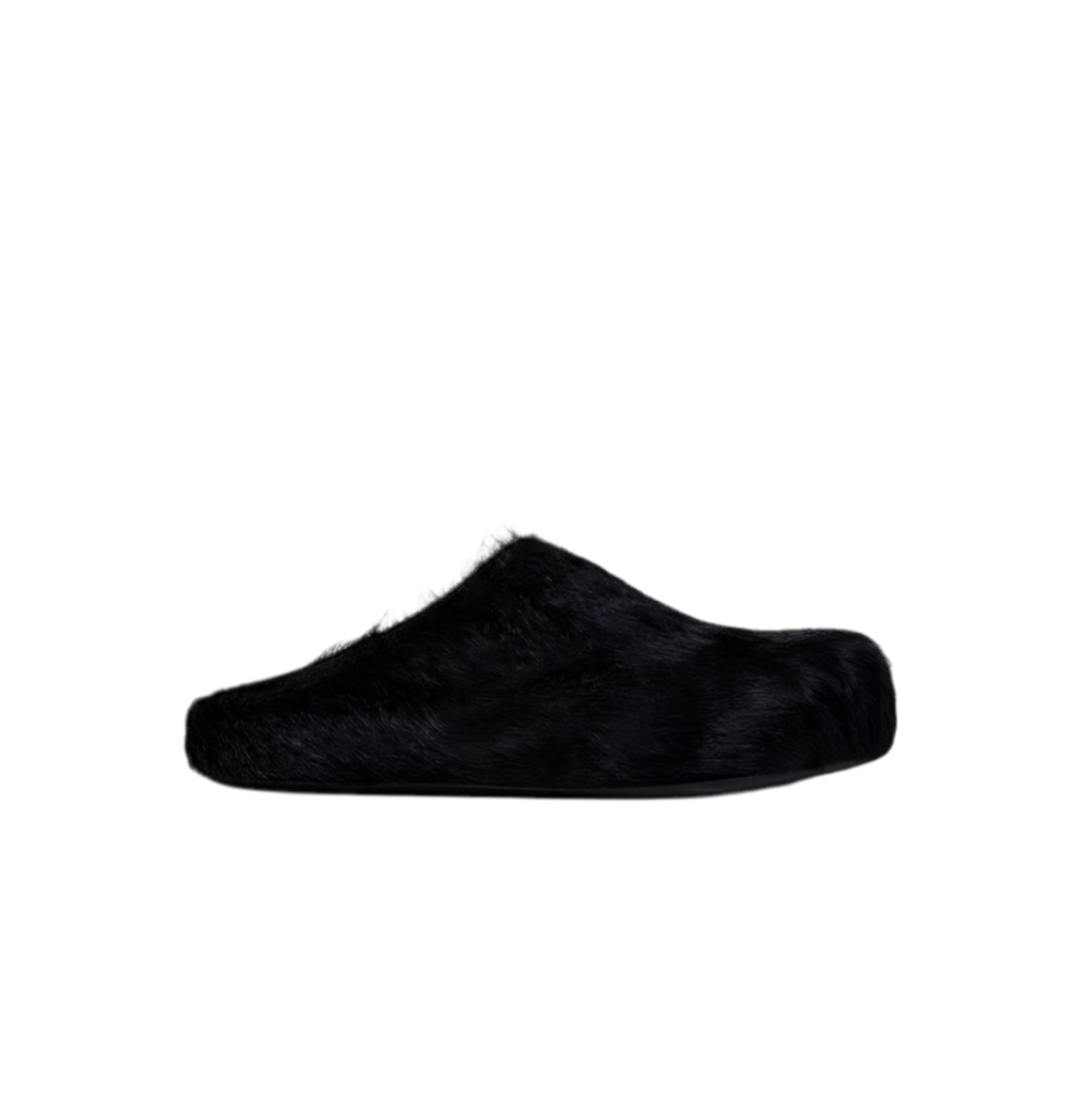 Fussbett Sabot Clog in Black Long Haircalfskin