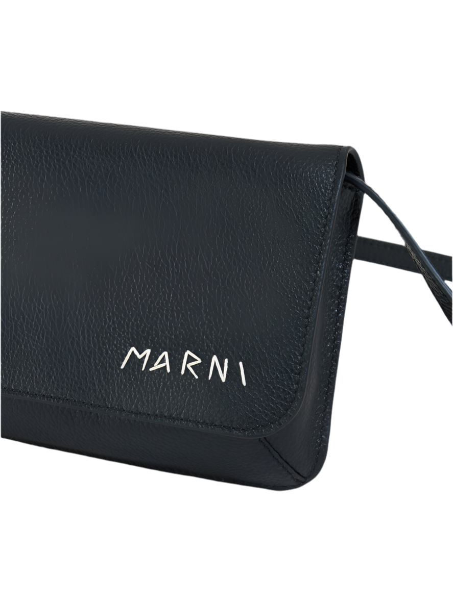 Leather Shoulder Bag with Marni Mending Embroidery in Black