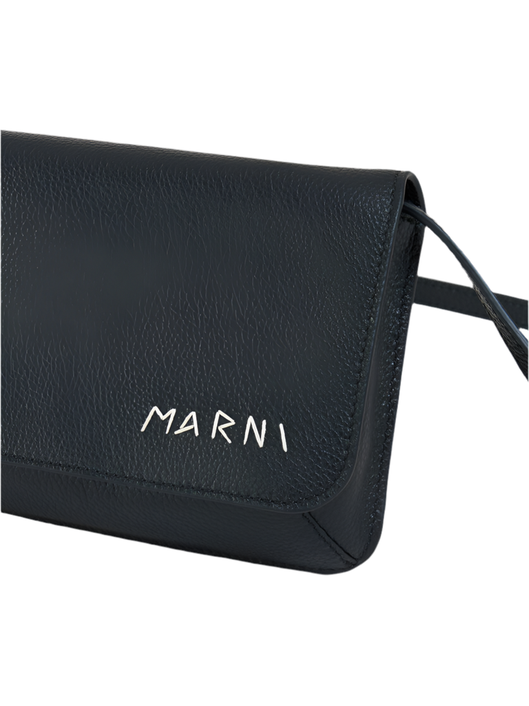 Leather Shoulder Bag with Marni Mending Embroidery in Black