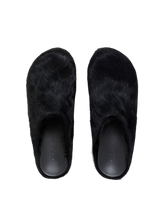 Load image into Gallery viewer, Fussbett Sabot Clog in Black Long Haircalfskin