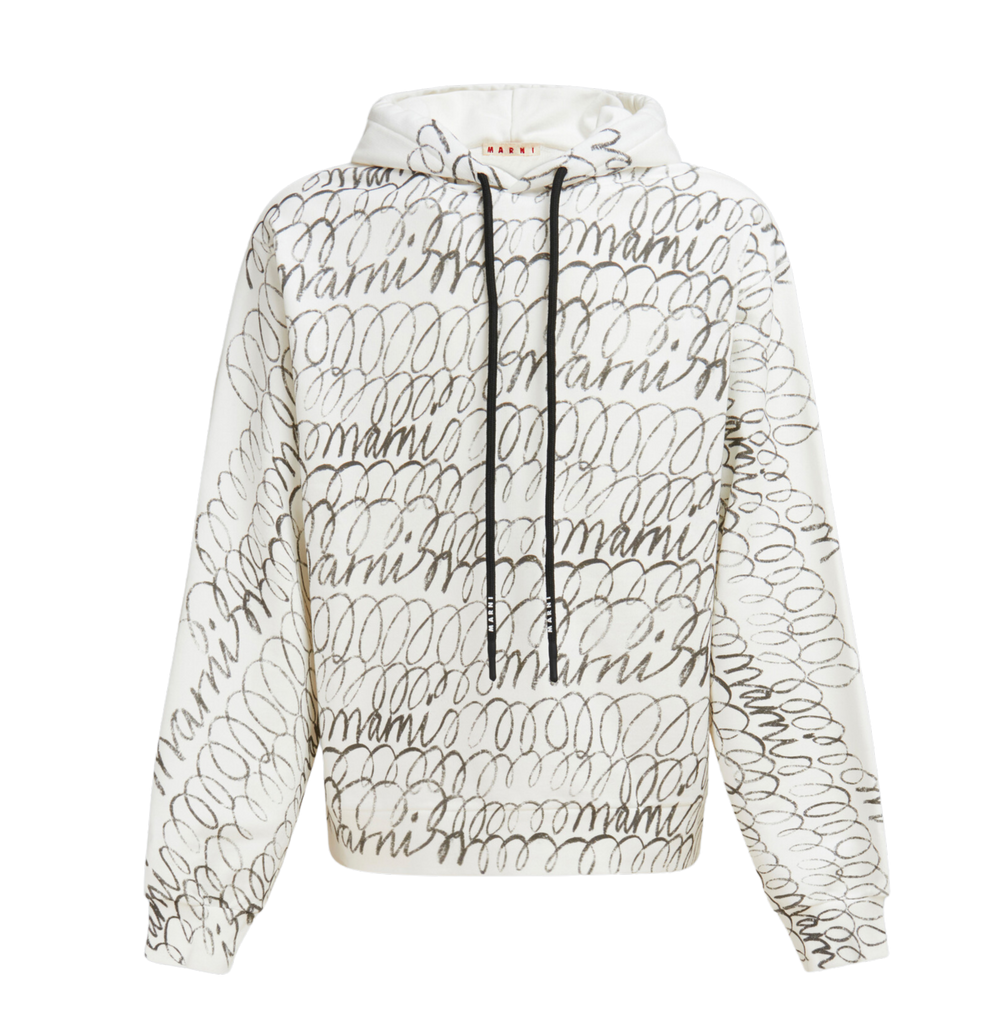 Scribble Motif Hooded Sweatshirt in White