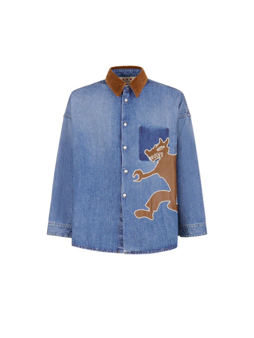 Denim Shirt with Wolf Patch in Blue