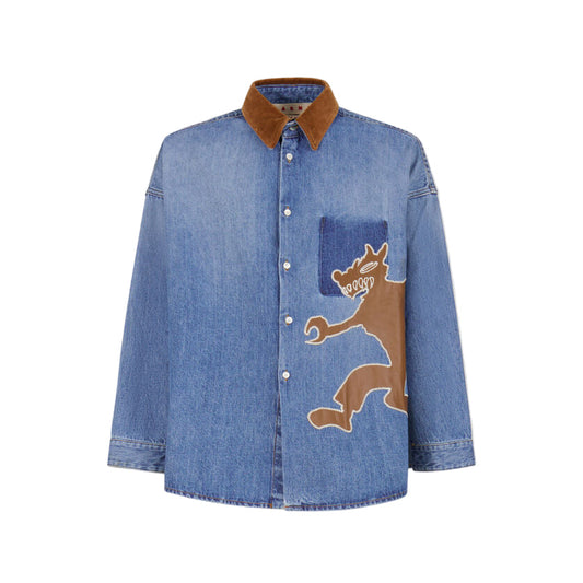Denim Shirt with Wolf Patch in Blue