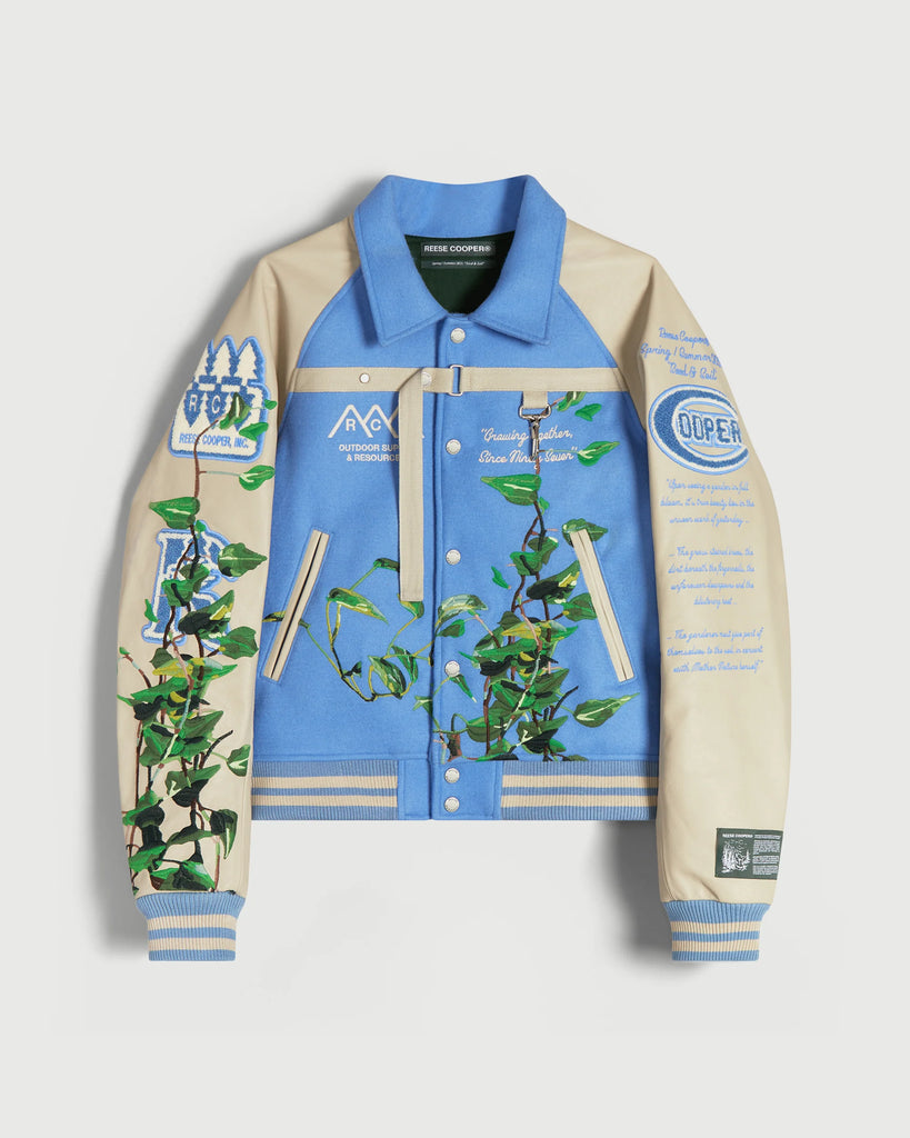 Embroidered Vines Varsity Jacket in Sky Blue