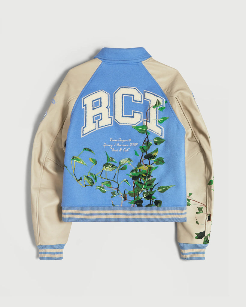 Embroidered Vines Varsity Jacket in Sky Blue